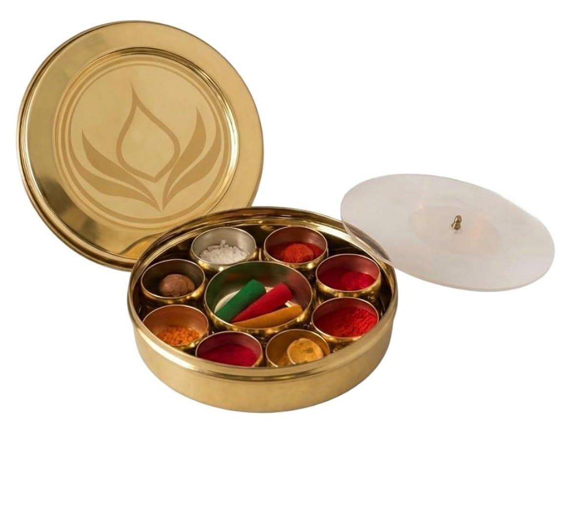 Brass Puja Box with 9 Compartments, , Gold plated , Pooja thali | Pooja Organiser, Engraved Lid Design, Inner Plastic Cover, Temple Essentials, Traditional Brass-image-20