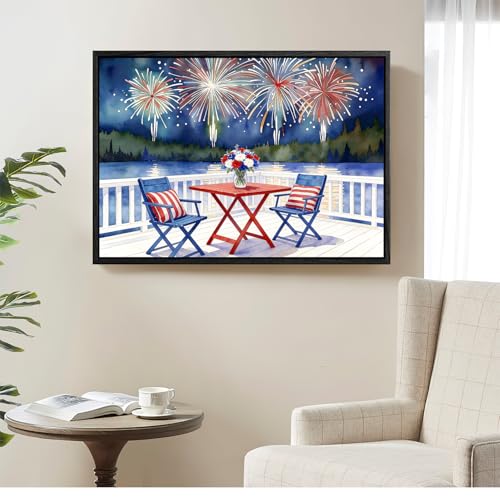 Image of American Flag Framed Canvas Wall Art, 4th of July Red White Blue Canvas Prints, Watercolor Lakefront Fireworks Patriotic Decorations, Independence Day Wall Decor for Bedroom Living Room 6x8