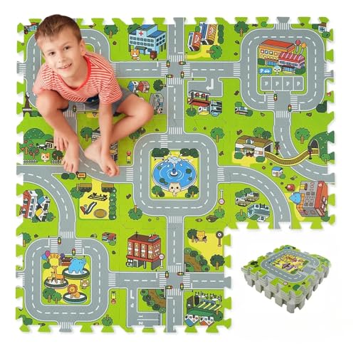 Image of Skyweaver Traffic Play mat Puzzle Foam Interlocking Tiles – Kids Road Traffic Play Rug - Children Educational Playmat Rug - Interlocking Foam Tiles City Road Track Puzzle Mat (18Pcs)