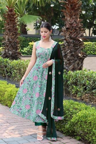 Image of GoSriKi Women's Cotton Blend Anarkali Printed Kurta with Pant & Dupatta