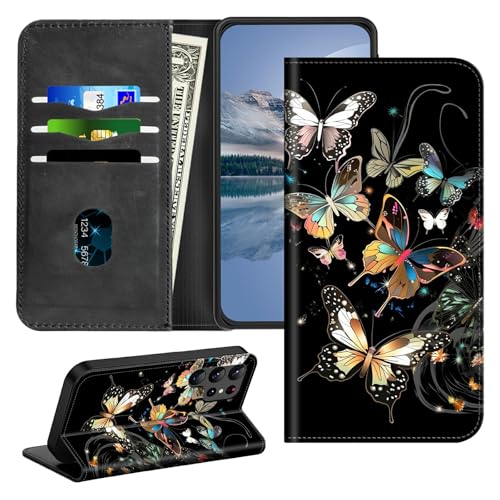 HEAKIERG for Sansung Galaxy S26 Ultra 5G Magnetic Case with Card Holder, RFID Blocking Shockproof Protective Kickstand Cover Credit Card Slot Holder Flip Wallet Case, Gold Butterfly