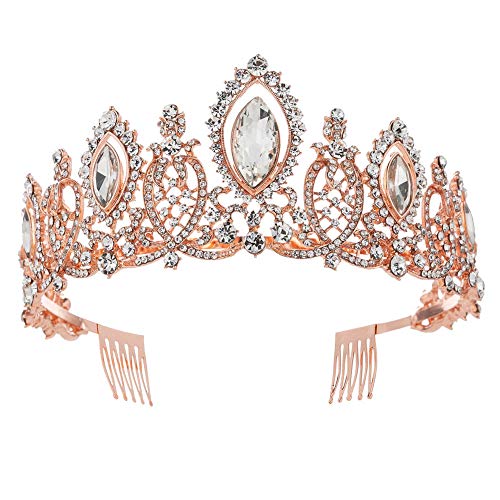 Baroque Luxurious Crystal Rhinestone Wedding Bridal Festival Crown for Women Princess Headpieces Girls Tiaras Headbands (Rose Gold White)