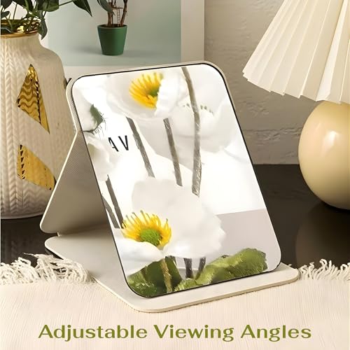Image of Foldable Makeup Mirror with Stand Portable Travel Vanity Table Top Mirror for Women & Men | Rectangle 16x11cm PU Leather, White, Adjustable & Compact (White)