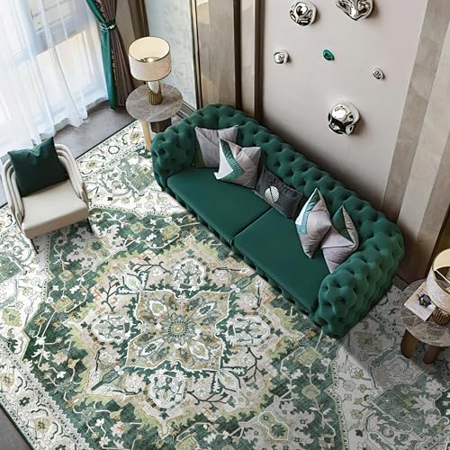 Green Boho Area Rug 6x9 Washable Large Vintage Rug for Living Room Bedroom Office Kitchen Entrance Dining Room Non Slip Soft Low-Pile Farmhouse, Green/Multi