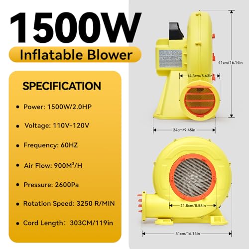 Image of Bounce House Blower, 1500W 2.0HP Powerful Air Blower with Great Heat Dissipation, Strong Wind Inflatable Blower for Bouncy Castle, Jumper, Water Slide, Bounce House, Leaf Blower Corded