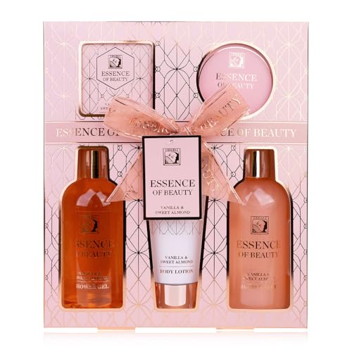 Accentra Set de ducha SALSA ESSENCE OF BEAUTY para mujeres, gel, espuma, loción, exfoliante, sales de baño, aroma Vainilla y Almendra Dulce, regalo de lujo para damas