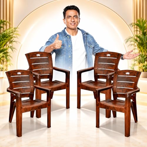 Image of AVRO Furniture Plastic Chair with Arm for Home - Set of 4 | 3 Year Warranty | Heavy Duty Chair for Office & Outdoor, Living Room, Balcony, Ergonomic and Stackable,150 Kg Capacity - Matt & Gloss Brown