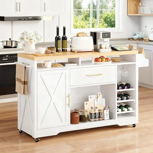 YITAHOME Large Kitchen Island with Power Outlet, Rolling Kitche Cart with Wine Rack, Mobile Storage Islands with Spice Rack Glass Holder, Island Table on Wheels for Living Room, 50 Inch Wide, White