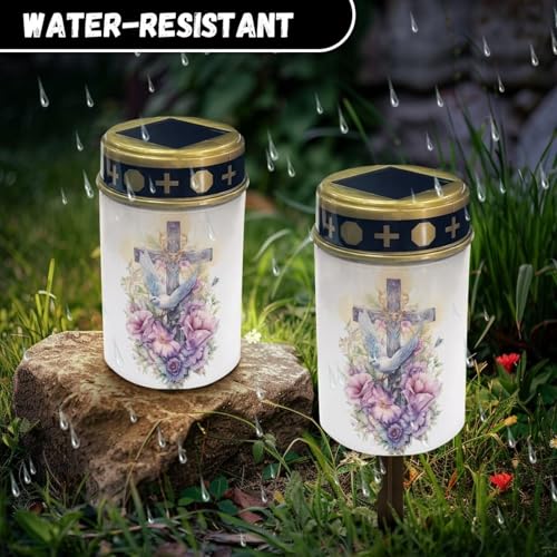 Image of Cross and Peace Dove Light for Prayer Cemetery Solar Lights for Grave Cemetery Decor Candle Lamp Waterproof Solar Power Light Eternal Lights for Graves Cemetery Memorial Gift 2 PCS
