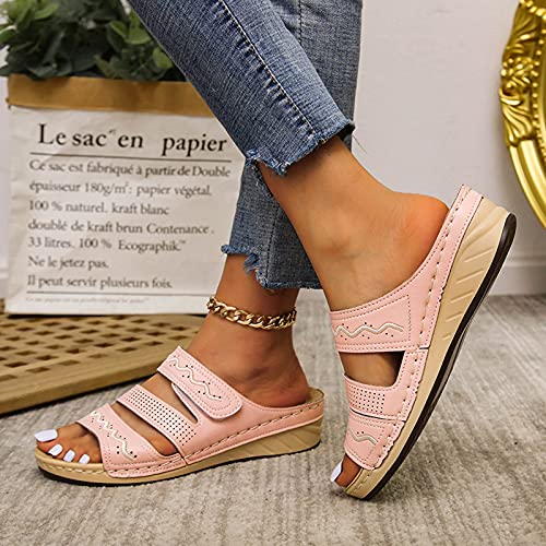 coersd Summer Sandals for Women, Women Sandals Comfort Platform Leather Sandals Floral Embroidery Casual Summer Open-Toe Sandals Dressy Travel Beach Non-Slip Slippers Women Sandals