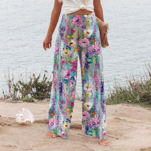 Womens Elastic High Waisted Palazzo Pants Floral Casual Wide Leg Long Lounge Pant Boho Trousers with Pocket3
