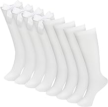 ZOCONE 4 Pairs Knee High Girls Socks for School Uniform With Bow, Long Cotton Mid Calf for 8-12 Years, UK 12-3 (White/Black)