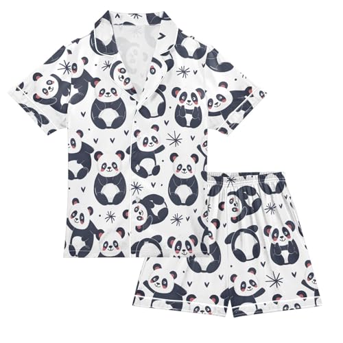 ALAZA Panda Animal Love White Satin Pajamas Set Short Sleeve Button Down Sleepwear Summer Pjs 2 Piece