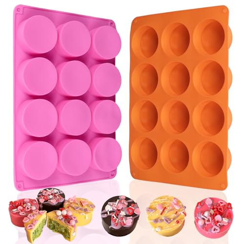 2PCS Silicone Cookie Chocolate Molds AICMEI 12 Cavity Round Silicone Baking Mold for Chocolate Covered Oreos Candy Mini Cake Jelly (Orange Pink)