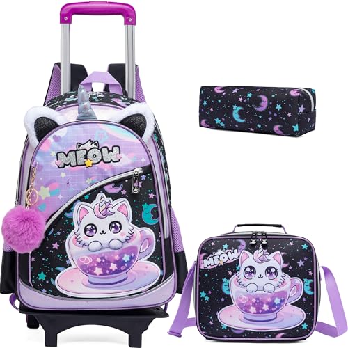Sac à dos roulettes filles chat noir idéal pour école et vacances