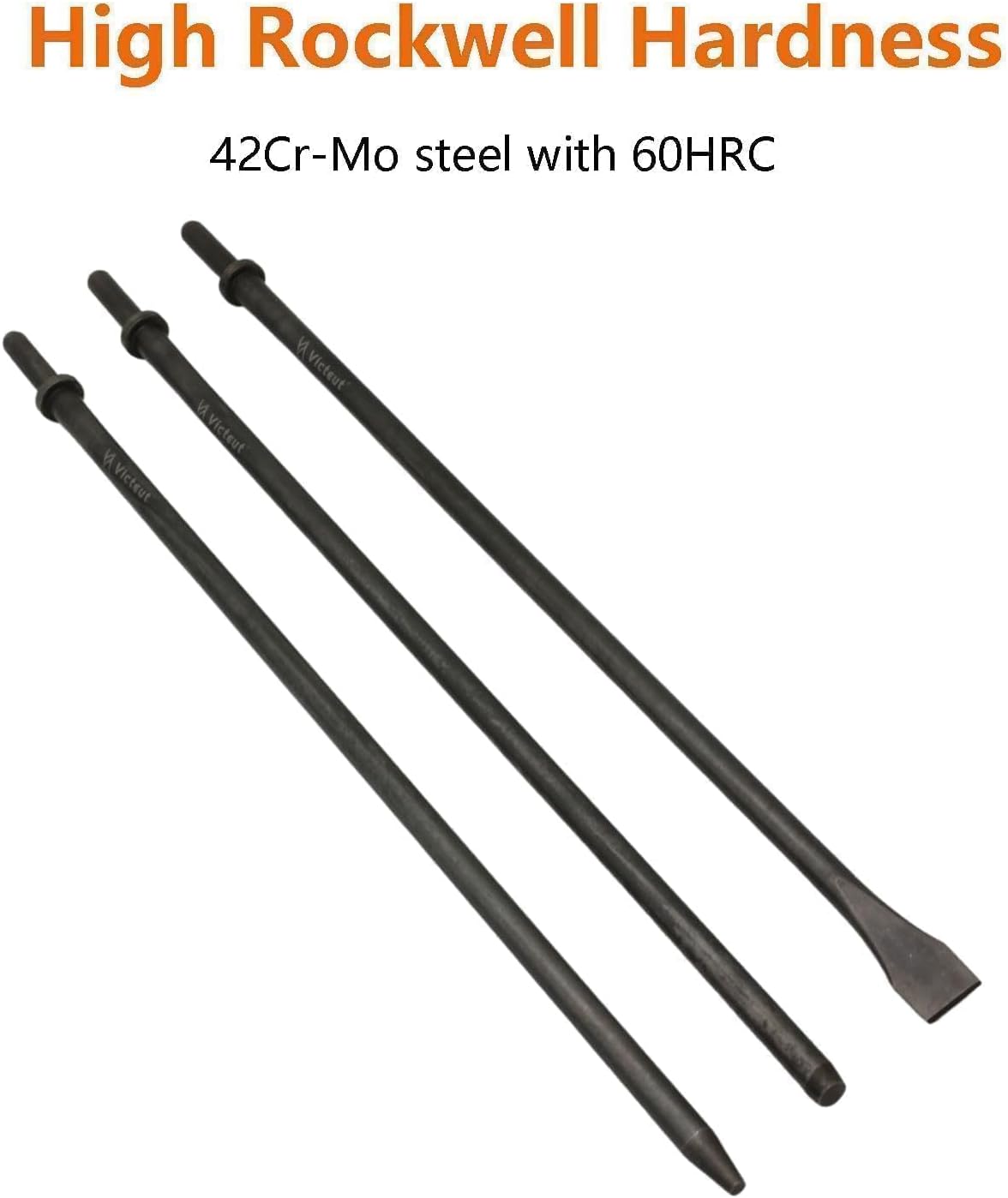 42Cr-Mo Air Hammer Bits 18''(450mm) Long 3-Piece Set, 3/4'' Air Chisel, 3/8'' Point Tip, 7/32'' Point Tip, 0.401" Shank, Air Hammer Attachments, HRC60, Rolled Rust-resistant Oil Treatment,Cold Chisel
