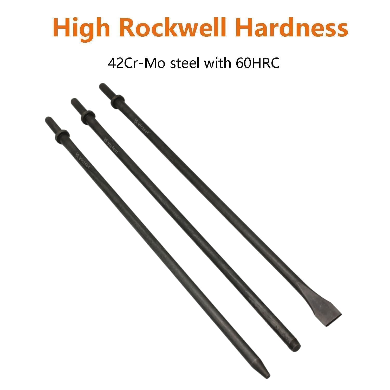Victeut Pneumatic Punch And Cold Chisel 18'' Long 3-Piece Set, 7/32'' Point Tip, 3/8'' Point Tip, 3/4'' Flat Chisel, 42Cr-Mo, HRC60 Hardness Rating, Rolled Rust-resistant Oil Treatment Air Hammer Bits - View #6