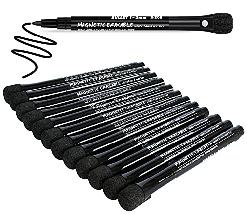 Dry Erase Markers Fine Tip, White Board Markers Dry Erase with Eraser Cap, JR.WHITE Magnetic Dry Erase Markers Black Thin Dry Erase Markers Low Odor for Kids Teachers Office & School Supplies