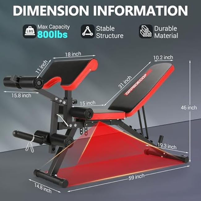 OPPSDECOR 800LBS Adjustable Weight Bench, Workout Bench for Home Gym, Weight Bench with Leg Extension and Leg Curl, Preacher Curl Bench, Gym Bench Exercise Bench