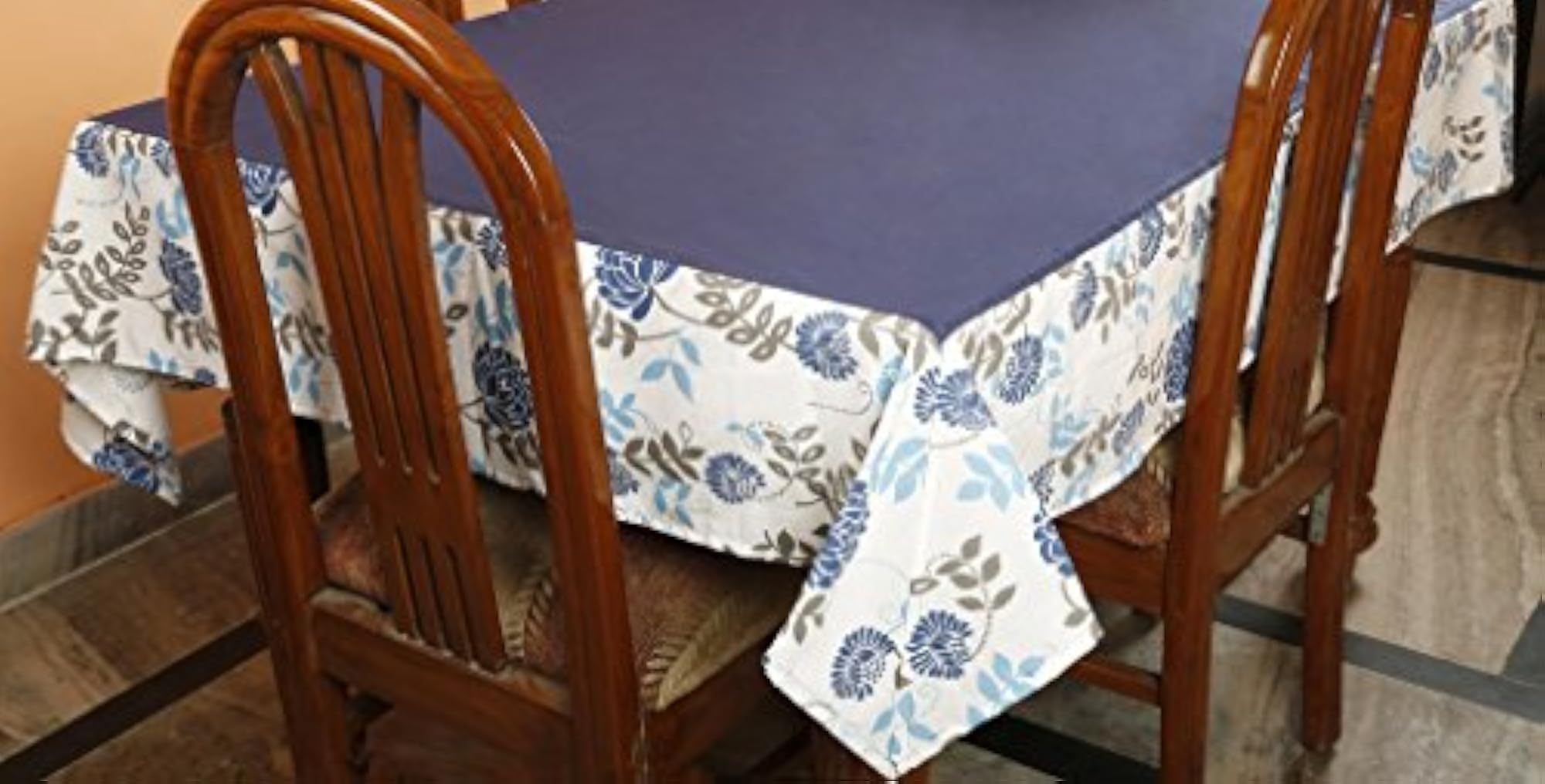 Floral Printed Blue Rectangle Table Cover for 8 Seater Dining Table