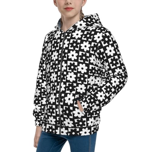 Black and White Checkered Flower Kids Pullover Hoodies Boys Zip Up Sweatshirts Girls Athletic Clothes with Pocket