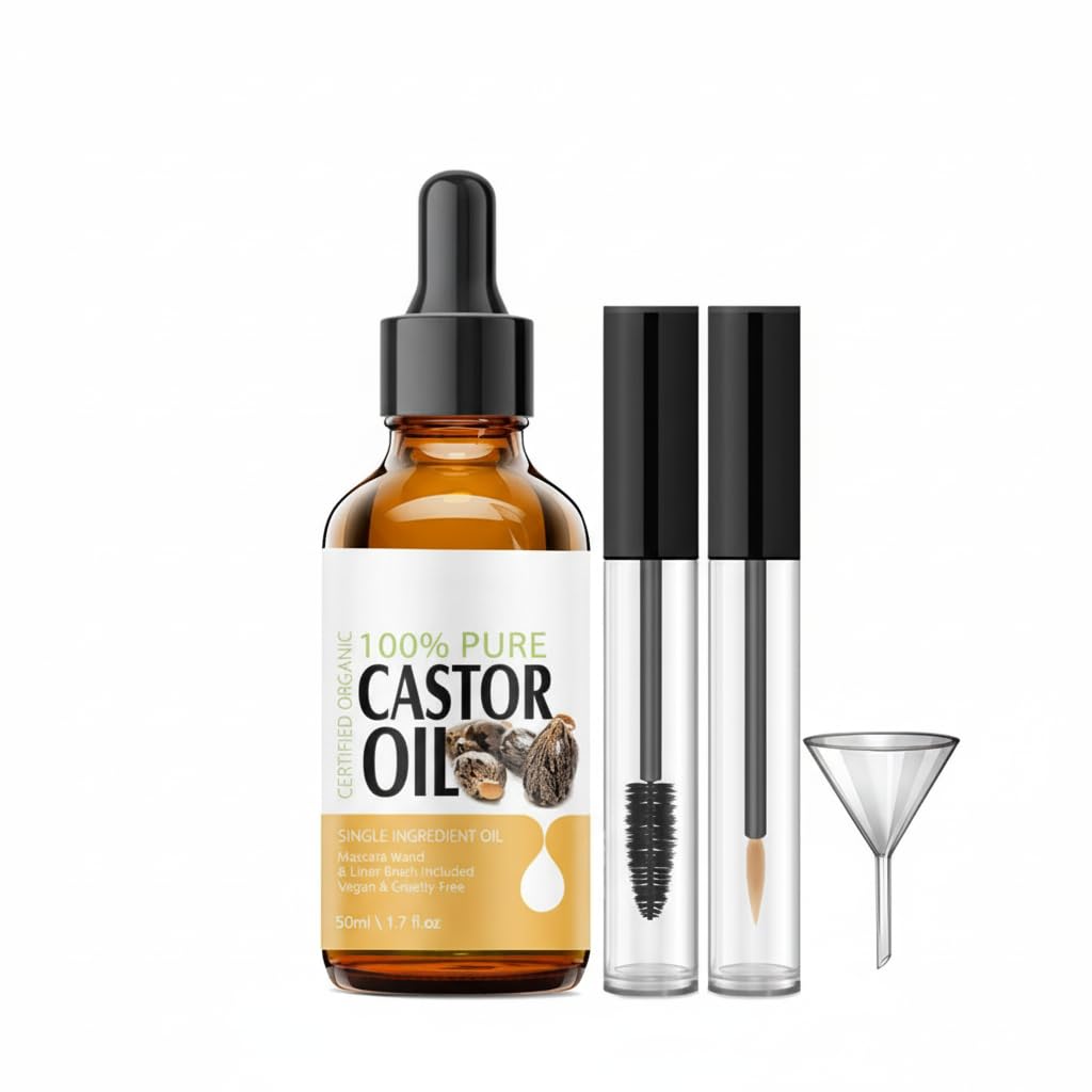 Azonee Eyelash Castor Oil Growth Serum, Organic Cold Pressed Castor Oil for Thicker Eyelashes and Eyebrows, Includes Mascara Tubes, Hair, Face, Skin and Body Moisturizer