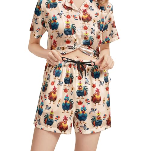 Image of Silk Satin Pajama Set for Women Summer Lounge Pjs Sets 2 Piece Suit Ladies Button Down Tops And Shorts Sleepwear