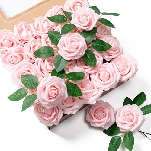 Aegero Artificial Flowers 25pcs Foam Fake Roses with Stems for DIY Wedding Bouquets Bridal Shower Centerpieces Arrangements Party Tables Valentines Day Decorations Christmas Tree （Blush）