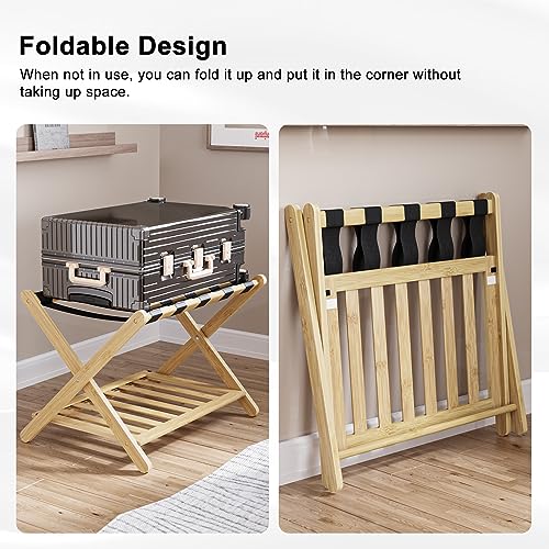 Smuxee Fully Assembled Luggage Rack for Guest Room, Upgraded Bamboo Foldable Suitcase Stand with 5 Nylon Straps, Nature Luggage Holder with Shelf for Bedroom Hotel (Nature Luggage Rack 1pcs)