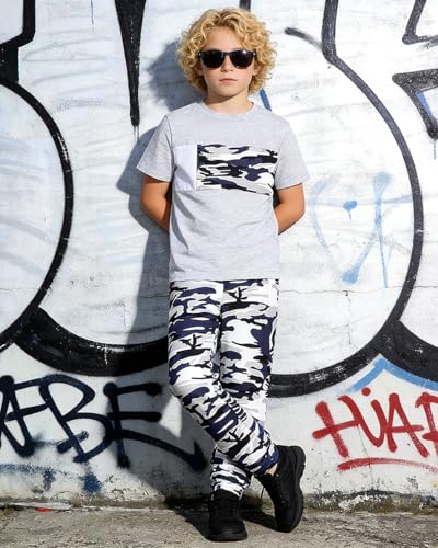 Image of OLMRJKD Boys 2 Piece Outfits Color Block Clothes Short Sleeve T Shirt and Camouflage Pants Summer Clothing Sets