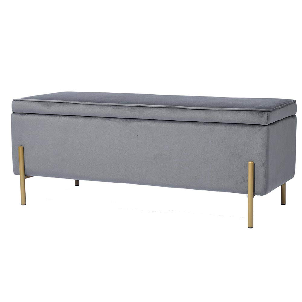 BAKAJI Baúl de Almacenamiento con reposapiés para Dormitorio, Banco de Madera, Revestimiento de Tela de Terciopelo, Asiento abatible Acolchado, Patas Doradas (Gris)