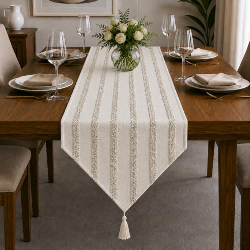 Image of STITCHNEST 'Nomad Weave Collection' Jacquard Table Runner 13x60 Inches| Tassel Finish | Modern Dining Table Decor