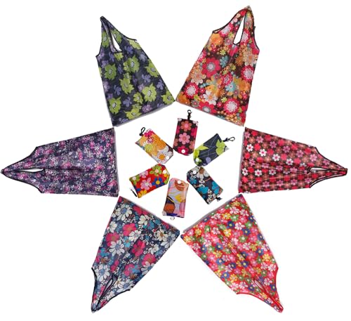 Elephant-package 6 Pcs Foldable Shopping Bags with Hook- Washable- Reusable Grocery Bags with Pouch Tote Bags (Cute Flower Design)