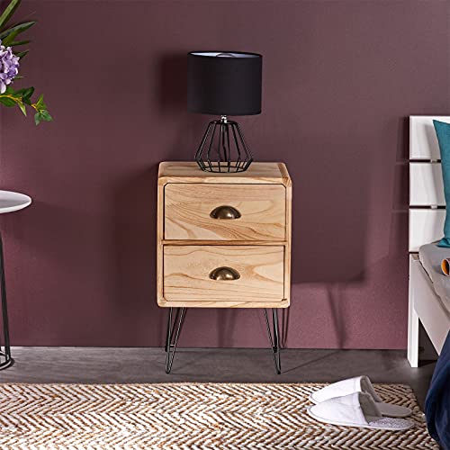 IDIMEX Table de Chevet Malia Table de Nuit avec 2 tiroirs, en Bois de Paulownia Style Vintage Industriel Finition Bois brulé avec Pieds en métal Noir