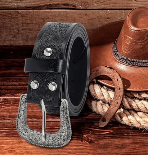 Utaly Men's Casual Leather-Belt, Western-Belt for Women Vintage Carved-Buckle Cowboy-Waist-Belts for Jeans Waist 28"-39"4