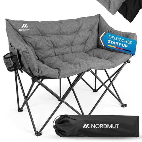 NORDMUT Campingsofa faltbar für 2 Personen stabile Camping Couch 320 kg belastbar komfortabler Doppel Campingstuhl faltbar mit extra Dicker Polsterung (Aschgrau)