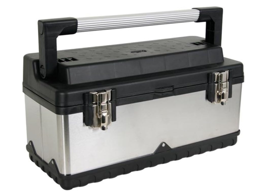 Perel cassetta attrezzi in acciaio inox con vassoio rimovibile toolbox in metallo con maniglia in alluminio e chiusure metalliche organizer attrezzi per officina e garage 50,5x23,5x22,5cm 26,7L