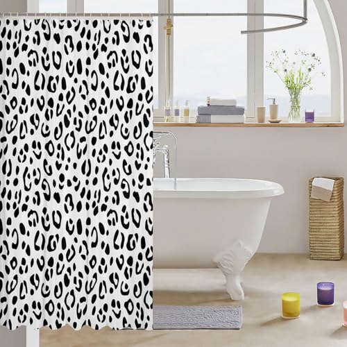 Image of Black and White Bath Curtain Leopard Print Shower Curtain for Kids Boys Girls Teens Decor Africa Cheetah Print Shower Curtain with Hooks Safari Animal Skin Waterproof Fabric Bathroom Decor 72x78 Inch