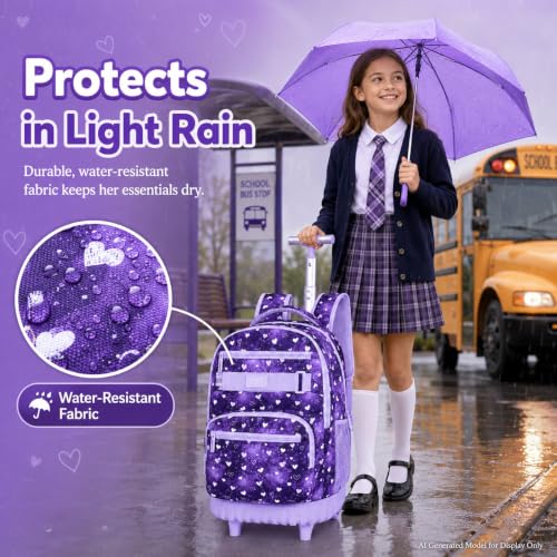 Image of 3Pcs Rolling Backpack for Girls, 19 inch Kids Wheeled Bookbag with Lunch Box, Roller Bag for Elementary Travel (Purple)