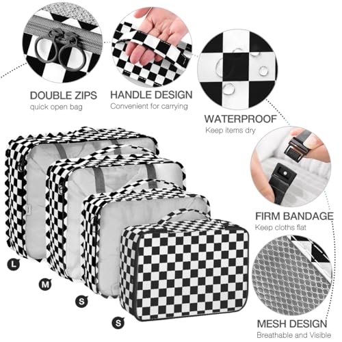 Image of 8 Set Packing Cubes for Suitcases,Packing Cubes with Shoe Bag, Cosmetics Bag, Clothing Bag, Accessories Bags Packing Cubes for Travel Luggage Organizer Women Men(Black White Checkered)