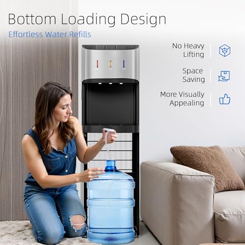 Image of Manastin Bottom Loading Water Cooler Dispenser for 3-5 Gallon Bottles, 3 Temperature - Hot, Cold & Room Water with Child Lock, Ideal Design for Home & Office, Radiant Silver