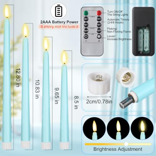 Image of Rossesay 16 Pcs Teal Flameless Taper Candles Battery Operated Candles with Remote Timer 8.5 inch 9.6 inch 10.8 inch 12.8 inch LED Flameless Flickering Candlestick for Summer Halloween Christmas Wedding Party Decor