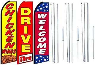 OnPoint Wares Chicken wings drive thru Welcome King Feather Flag Sign Kit With Complete Hybrid Pole set- Pack of 3
