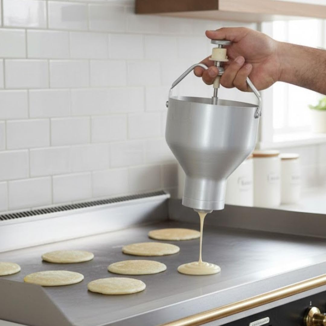 Soro Essentials- 64 oz. Stainless Steel Heavy Duty Pancake Batter Dispenser with Spring Action Lever (7) Weight Options- Pancake Cupcake Batter Dispenser Batter Separator Bakeware Cupcakes Waffles