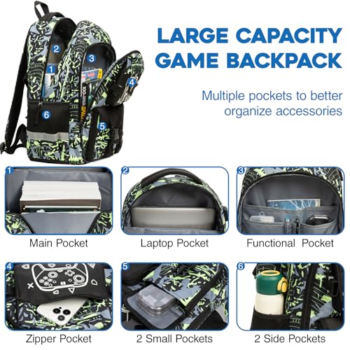 Game Kids Backpack Set, Large Boys Backpack with Lunch Bag & Pencil Case, Waterproof School Backpacks With USB Charging Port, Luminous Camo Bookbags Fits 15.6" Laptop For Boy Age 6-18, Green3