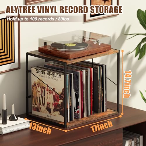 Vinyl Record Storage Holder for 80-100LPs, Vinyl Record Stand Wall Mount with Movable Divider, Solid Record Display Crate & Organizer for Albums, Magazine, Book, File - Thumbnail 2
