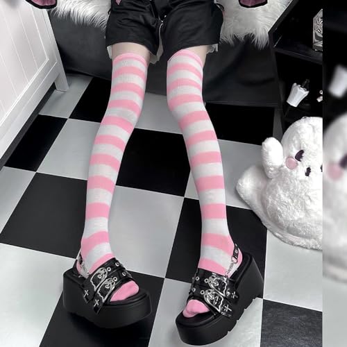 Image of Cute Japanese Style Blue /Pink Striped Over Knee High Socks Thigh Long Knee Boot Stockings for Women Teen Girls