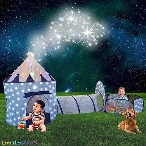 LimitlessFunN 4pc Kids Play Tent, Crawl Tunnel, Ball Pit and Star Lights [ Pop Up Portable Glow in The Dark Stars ] Children Castle Playhouse for Girls & Boys, Indoor and Outdoor Use (Blue) - Thumbnail 4