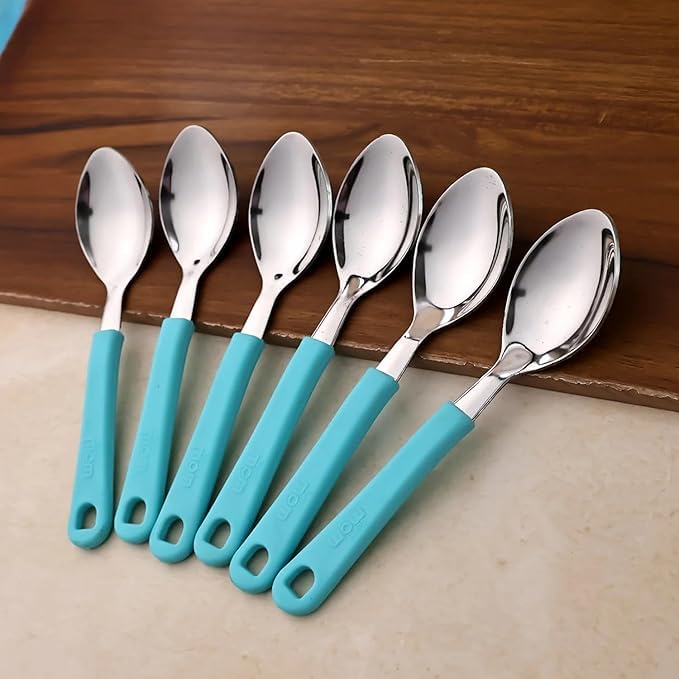 SUPERMOM Spoon Set for Kitchen – Stainless Steel Spoons with Plastic Handle – Baby Feeding and Kids Cutlery – Durable, Rust-Resistant, Dining Spoon Set for Home Kitchen, Dinning and Daily Use (Blue)-image-12
