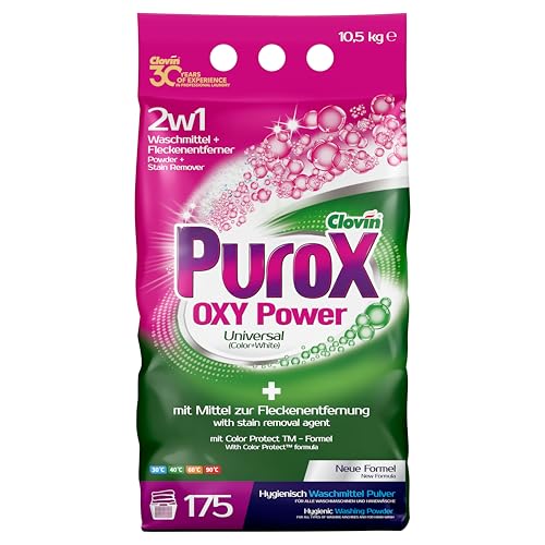 Purox OXY Power Detergente en polvo universal en bolsa de aluminio, detergente en polvo potente, detergente para todo tipo de tejidos, elimina manchas, protege contra la cal, 10,5 kg